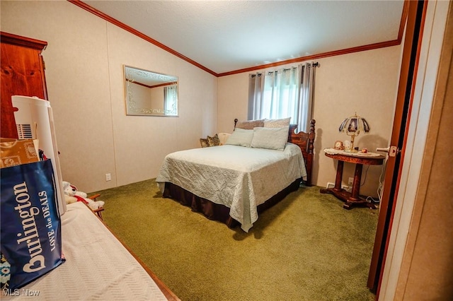 bedroom with lofted ceiling, crown molding, and carpet floors