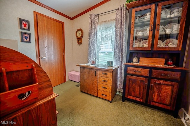 interior space with light colored carpet, crown molding, and visible vents
