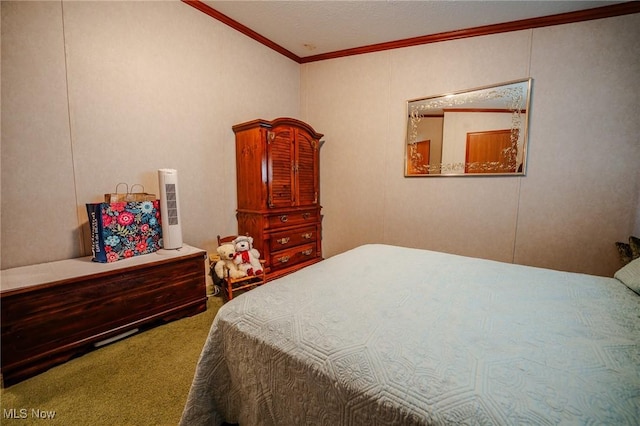 carpeted bedroom with ornamental molding