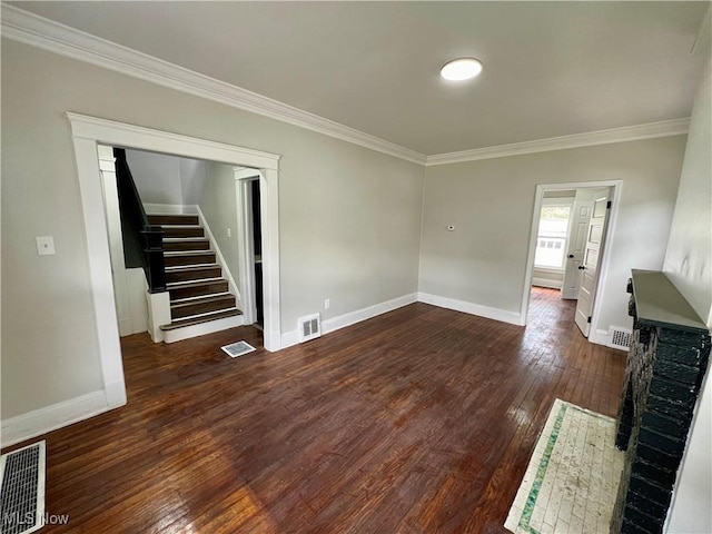 3478 E 150th St, Cleveland, OH 44120 - unfurnished living room featuring stairway, visible vents, and ornamental molding