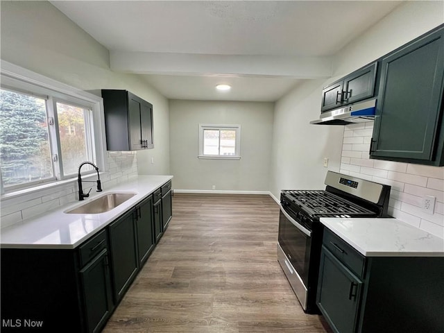 3478 E 150th St, Cleveland, OH 44120 - kitchen with wood finished floors, a sink, light countertops, under cabinet range hood, and stainless steel gas range oven
