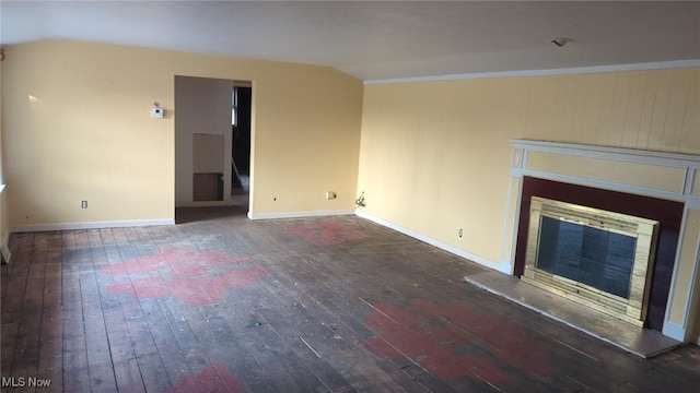 315 Loma Dr, Akron, OH 44319 - unfurnished living room featuring hardwood / wood-style floors, baseboards, a glass covered fireplace, and lofted ceiling