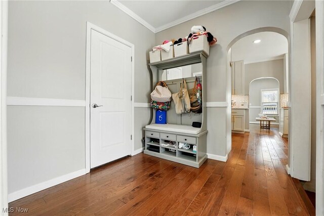 3270 S Canfield Niles Rd, Canfield, OH 44406 - mudroom featuring arched walkways, crown molding, hardwood / wood-style floors, and baseboards