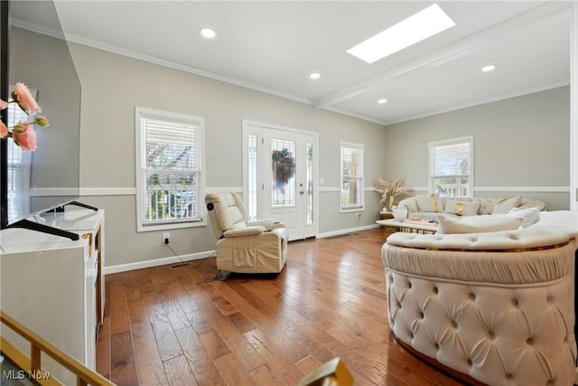 3270 S Canfield Niles Rd, Canfield, OH 44406 - living area featuring wood-type flooring, baseboards, and ornamental molding