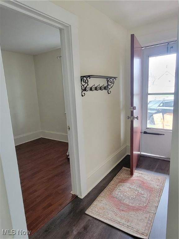 entryway with baseboards and wood finished floors