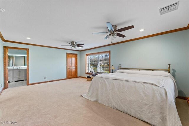 148 N Kimberly Ave N, Youngstown, OH 44515 - bedroom with recessed lighting, crown molding, light carpet, ensuite bathroom, and a ceiling fan