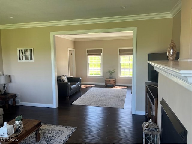 living area featuring baseboards, ornamental molding, and dark wood-type flooring