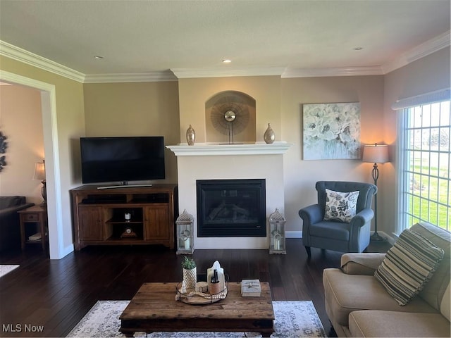 living room with baseboards, wood finished floors, a glass covered fireplace, and crown molding