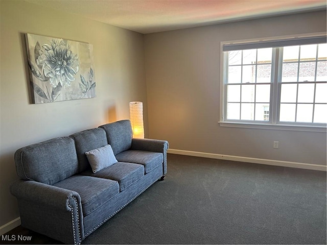 sitting room with dark carpet and baseboards