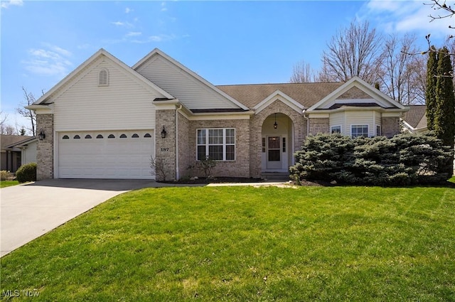 ranch-style house with brick siding, a front lawn, driveway, and an attached garage