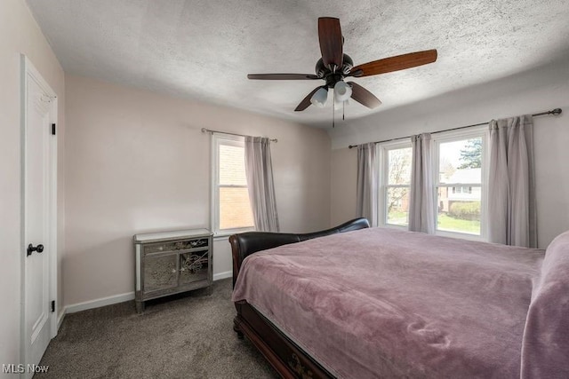 carpeted bedroom with baseboards, a textured ceiling, and multiple windows