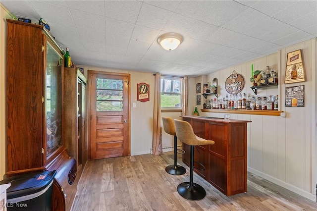 bar featuring baseboards, a dry bar, and light wood-style flooring