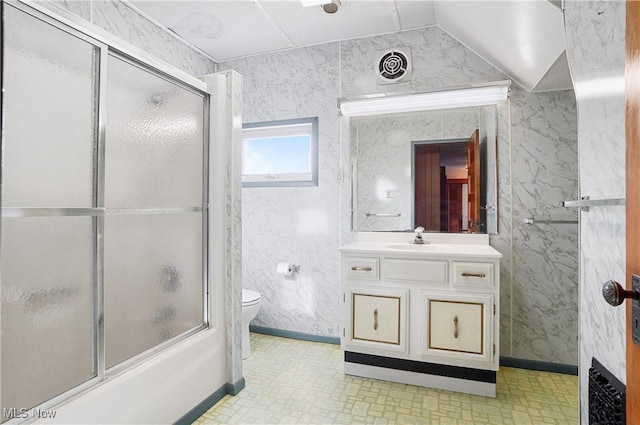 bathroom featuring lofted ceiling, combined bath / shower with glass door, toilet, vanity, and visible vents