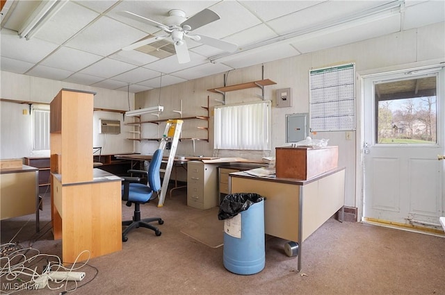 carpeted office space featuring a paneled ceiling, electric panel, a ceiling fan, and an AC wall unit