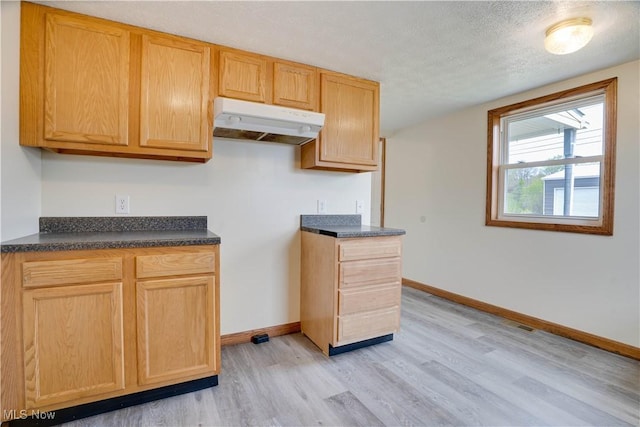 kitchen featuring dark countertops, a textured ceiling, light wood-style flooring, baseboards, and under cabinet range hood