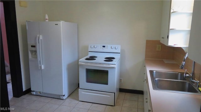 2 W Haywood Blvd, Struthers, OH 44471 - kitchen with white appliances, light tile patterned floors, light countertops, backsplash, and a sink