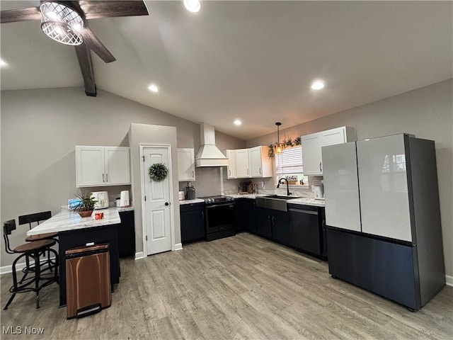 53206 Poplar Dr, Bridgeport, OH 43912 - kitchen featuring freestanding refrigerator, electric range, custom exhaust hood, a sink, and light countertops