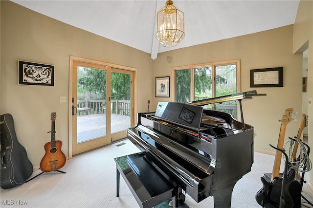 4845 Timber Creek Dr, Medina, OH 44256 - living area featuring carpet floors, a chandelier, vaulted ceiling, and baseboards