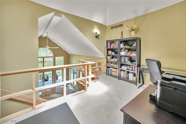 4845 Timber Creek Dr, Medina, OH 44256 - carpeted office space with lofted ceiling and ceiling fan