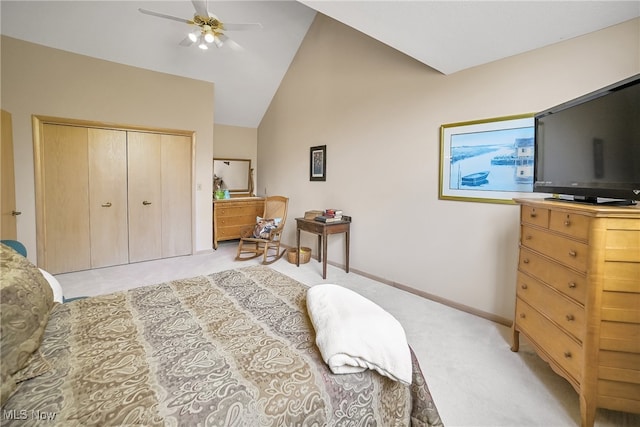 4845 Timber Creek Dr, Medina, OH 44256 - bedroom with light carpet, lofted ceiling, a closet, baseboards, and a ceiling fan