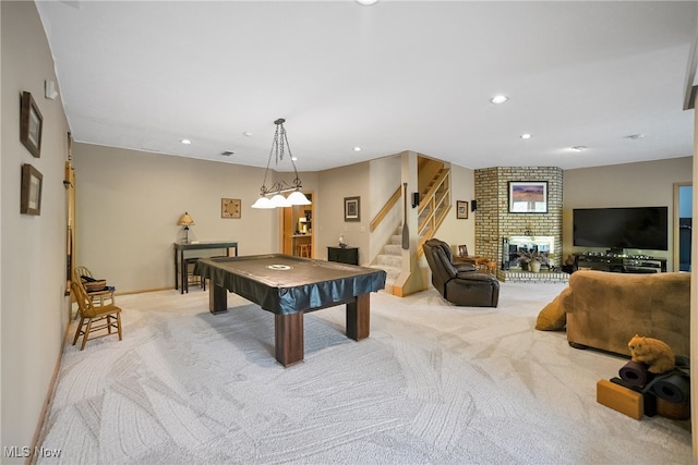 recreation room featuring recessed lighting, pool table, and light carpet
