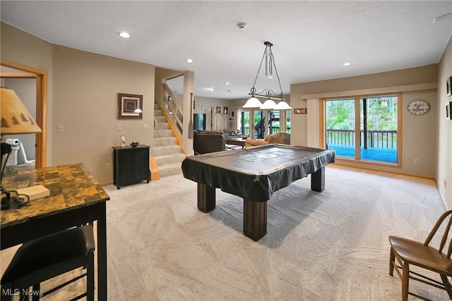 playroom with billiards, baseboards, light carpet, and recessed lighting