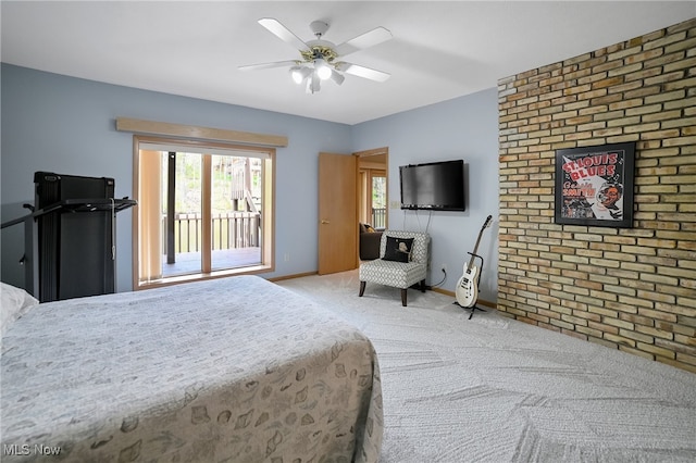 bedroom featuring baseboards, a ceiling fan, carpet, and access to exterior