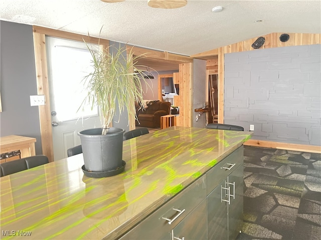 interior space featuring wooden walls, vaulted ceiling, and a textured ceiling