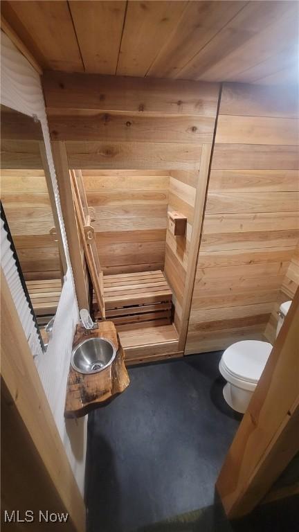 1376 Fairview Ave, Atwater, OH 44201 - bathroom featuring toilet, wooden walls, concrete flooring, and wood ceiling
