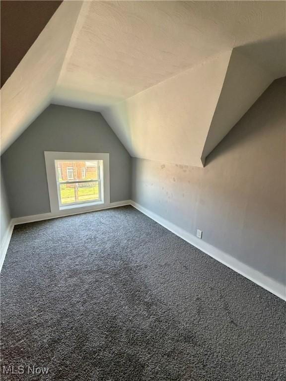 additional living space featuring vaulted ceiling, baseboards, and carpet