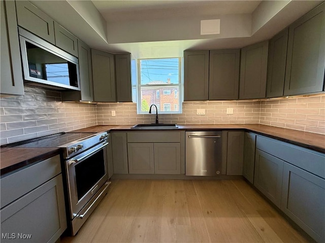 609 Main St, Toronto, OH 43964 - kitchen featuring appliances with stainless steel finishes, a sink, light wood-style floors, and butcher block counters