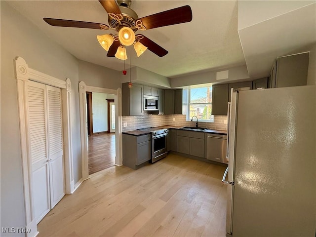 kitchen featuring backsplash, gray cabinets, a sink, appliances with stainless steel finishes, and ceiling fan