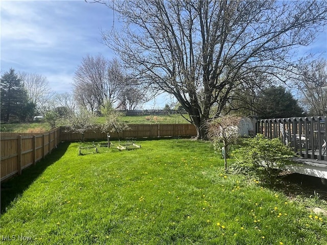 view of yard featuring a fenced backyard and a deck