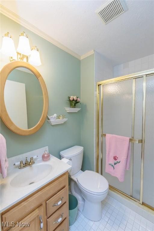 full bath with a shower stall, ornamental molding, and visible vents