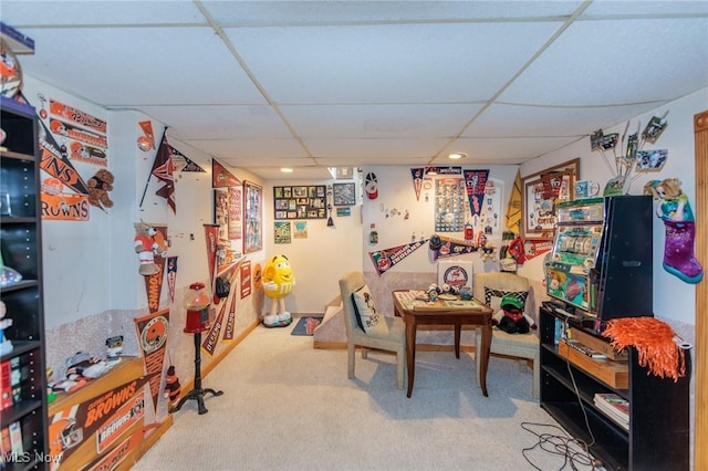 game room featuring recessed lighting, carpet flooring, and a drop ceiling