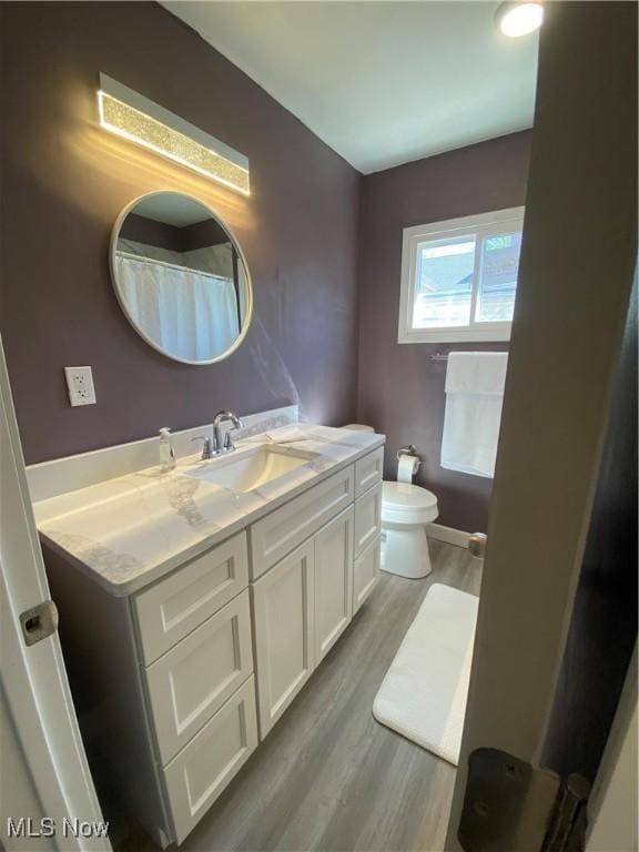 bathroom with toilet, vanity, and wood finished floors