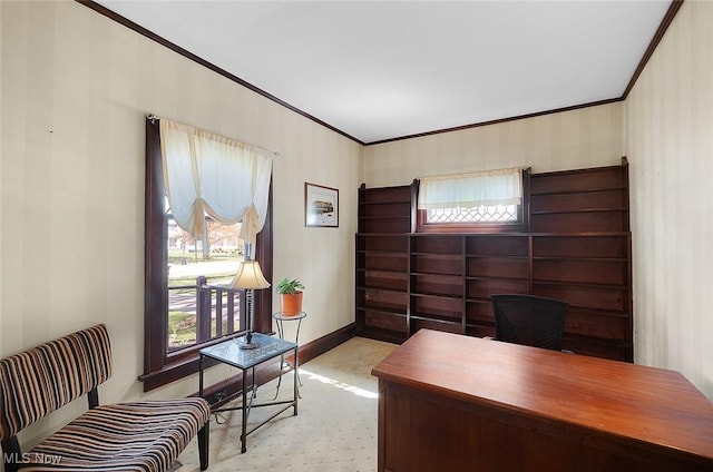 carpeted office space featuring baseboards and crown molding