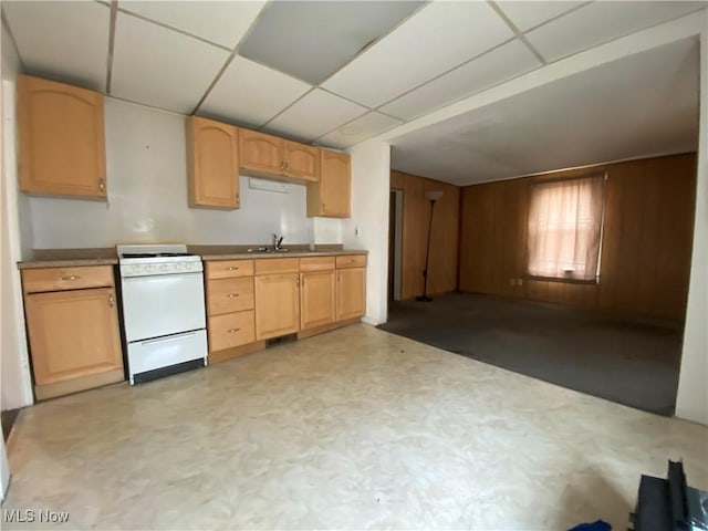 kitchen with a drop ceiling, wood walls, light floors, a sink, and white gas stove