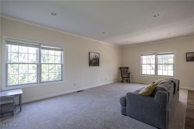 760 N Medina Line Rd, Akron, OH 44333 - living area featuring carpet floors, baseboards, crown molding, and visible vents