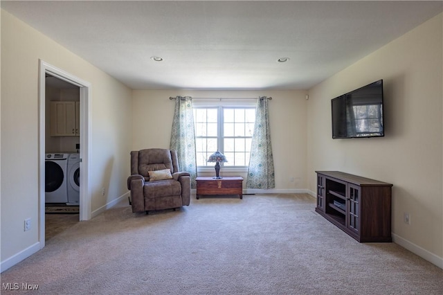760 N Medina Line Rd, Akron, OH 44333 - living area with baseboards, carpet flooring, washer and dryer, and recessed lighting