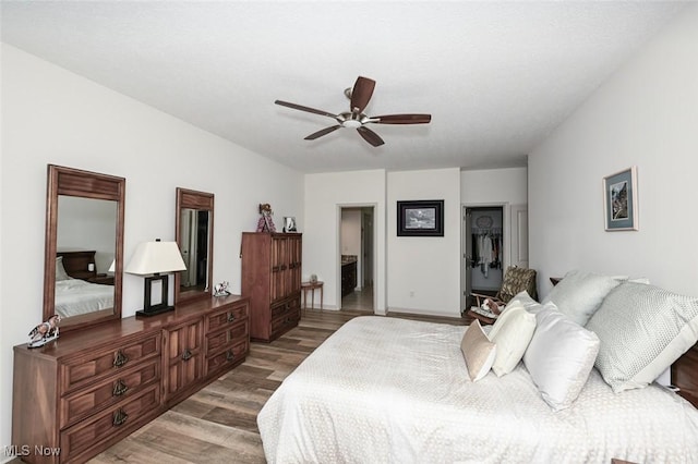 bedroom with a walk in closet, a ceiling fan, light wood finished floors, and a closet