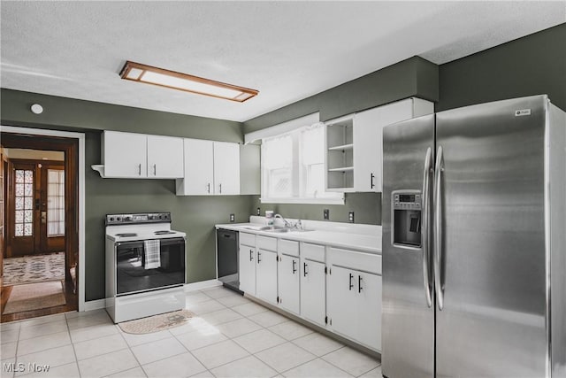 kitchen with white range with electric stovetop, a sink, stainless steel fridge with ice dispenser, white cabinets, and black dishwasher