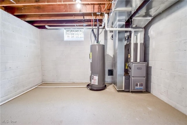 basement with water heater and heating unit