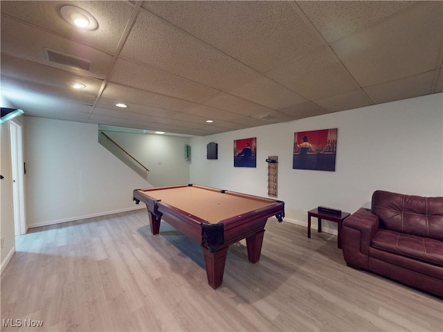 rec room with light wood-style flooring, a paneled ceiling, baseboards, billiards table, and recessed lighting