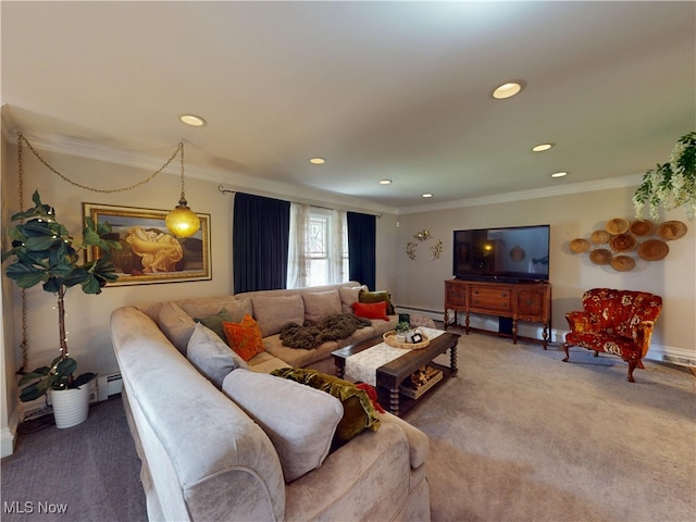 living area with ornamental molding, carpet floors, recessed lighting, baseboards, and a baseboard heating unit
