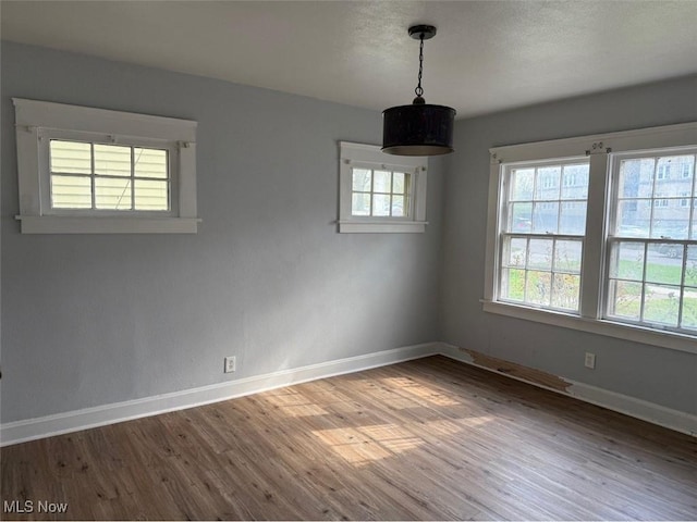 unfurnished dining area featuring plenty of natural light, baseboards, and wood finished floors