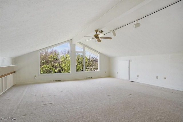 additional living space with visible vents, ceiling fan, carpet floors, and baseboards