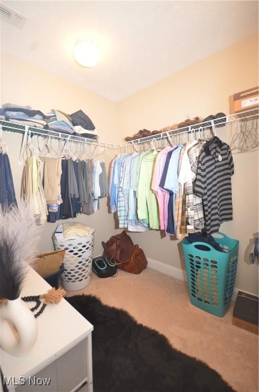 spacious closet with visible vents and carpet floors