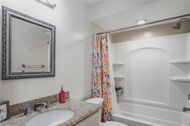 full bath featuring shower / bath combination with curtain, toilet, and vanity