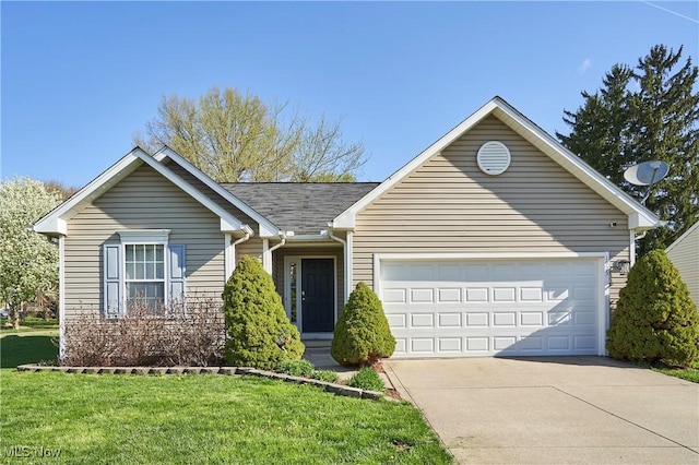 single story home featuring a garage, a front yard, and concrete driveway